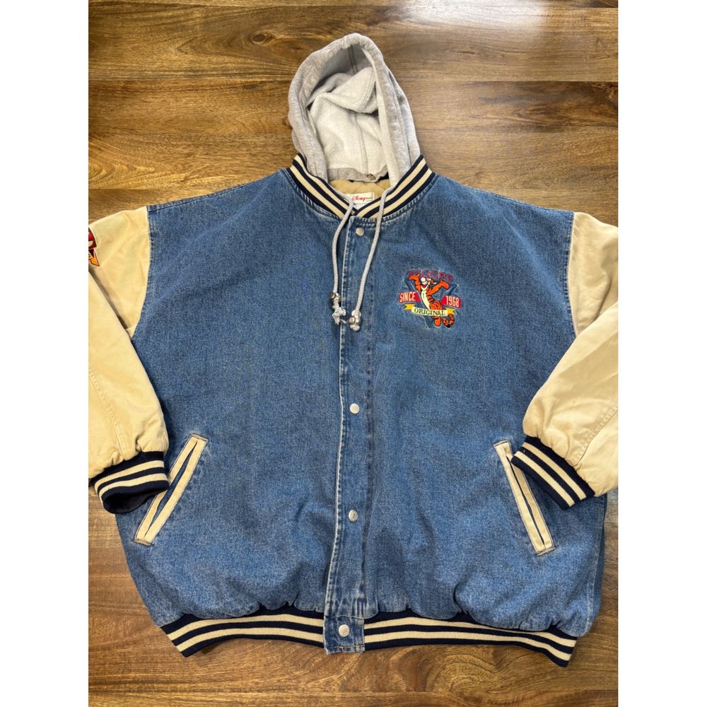 Vintage Disney Store Tigger Denim Varsity Jacket Hooded Blue Cream XXL Mens